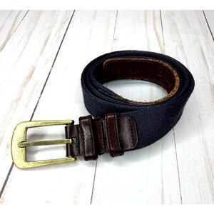 Vintage Etienne Aigner Leather & Cloth Belt Navy/Brown Brass Buckle 32 Inches